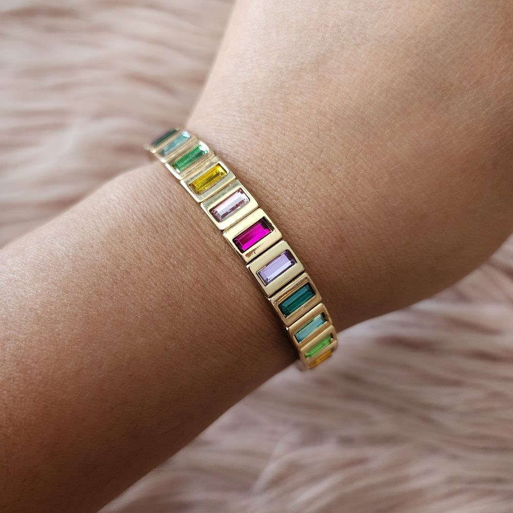 Vibrant Rainbow Rhinestone Bracelet Gold Tone Baguette Crystal Stretch Jewelry